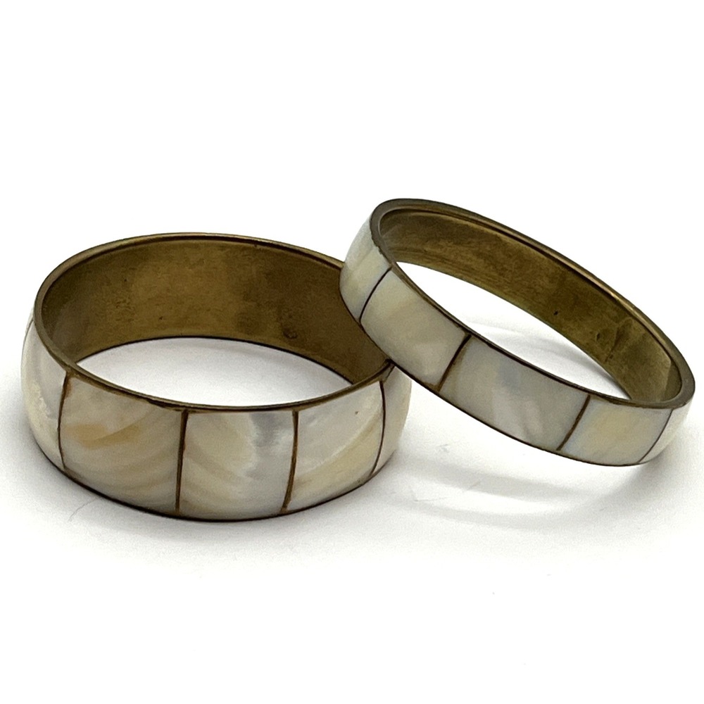 Vintage Mother‎ of Pearl Bangle Bracelet Set Brass